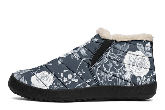 Grey Rose Romance Winter Sneakers - Warm & Easy Slip-On Shoes Lined with Vegan Wool with Anti-Slip Soles