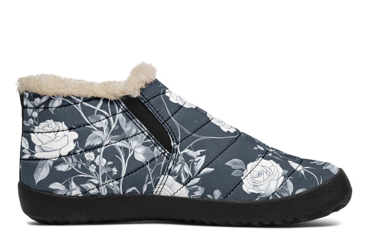 Grey Rose Romance Winter Sneakers - Warm & Easy Slip-On Shoes Lined with Vegan Wool with Anti-Slip Soles