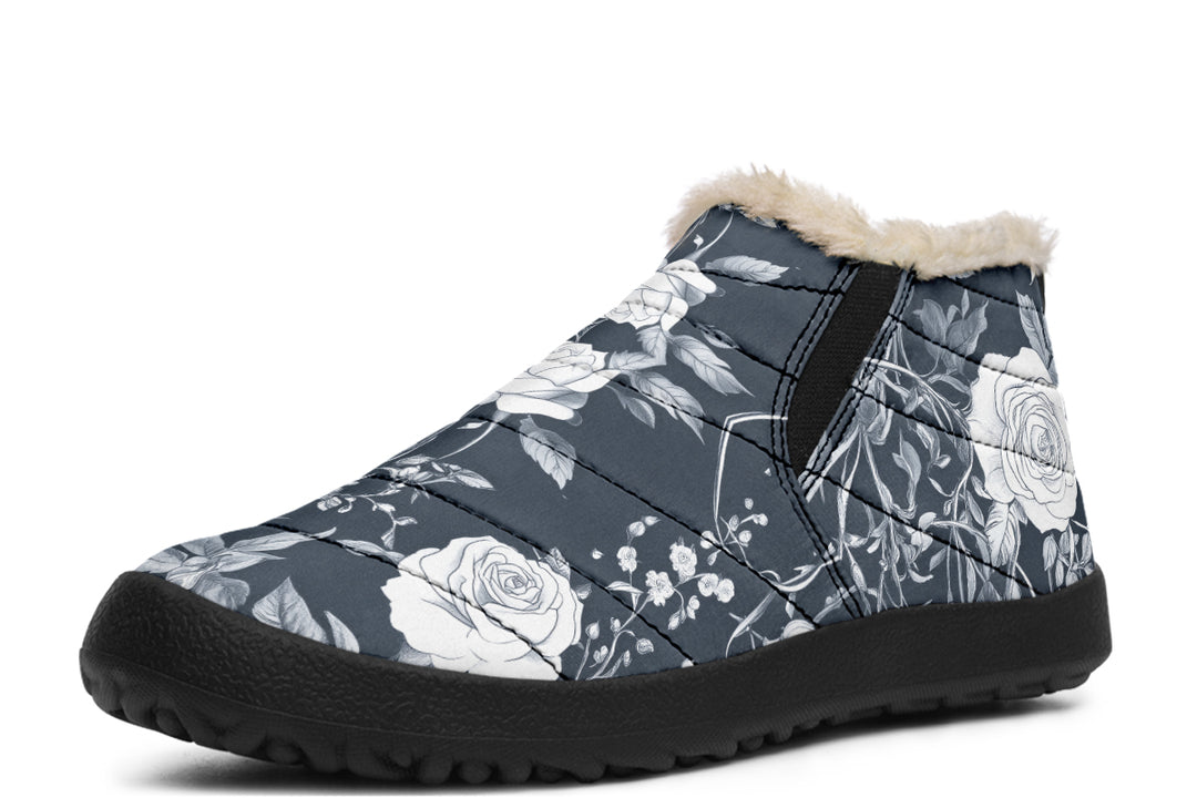 Grey Rose Romance Winter Sneakers - Warm & Easy Slip-On Shoes Lined with Vegan Wool with Anti-Slip Soles