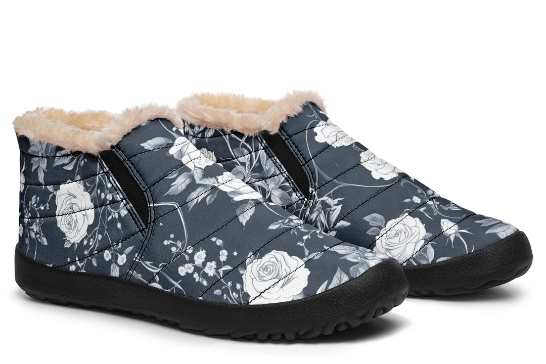 Grey Rose Romance Winter Sneakers - Warm & Easy Slip-On Shoes Lined with Vegan Wool with Anti-Slip Soles