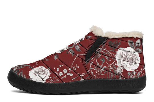 Red Rose Romance Winter Sneakers - Warm & Easy Slip-On Shoes Lined with Vegan Wool with Anti-Slip Soles