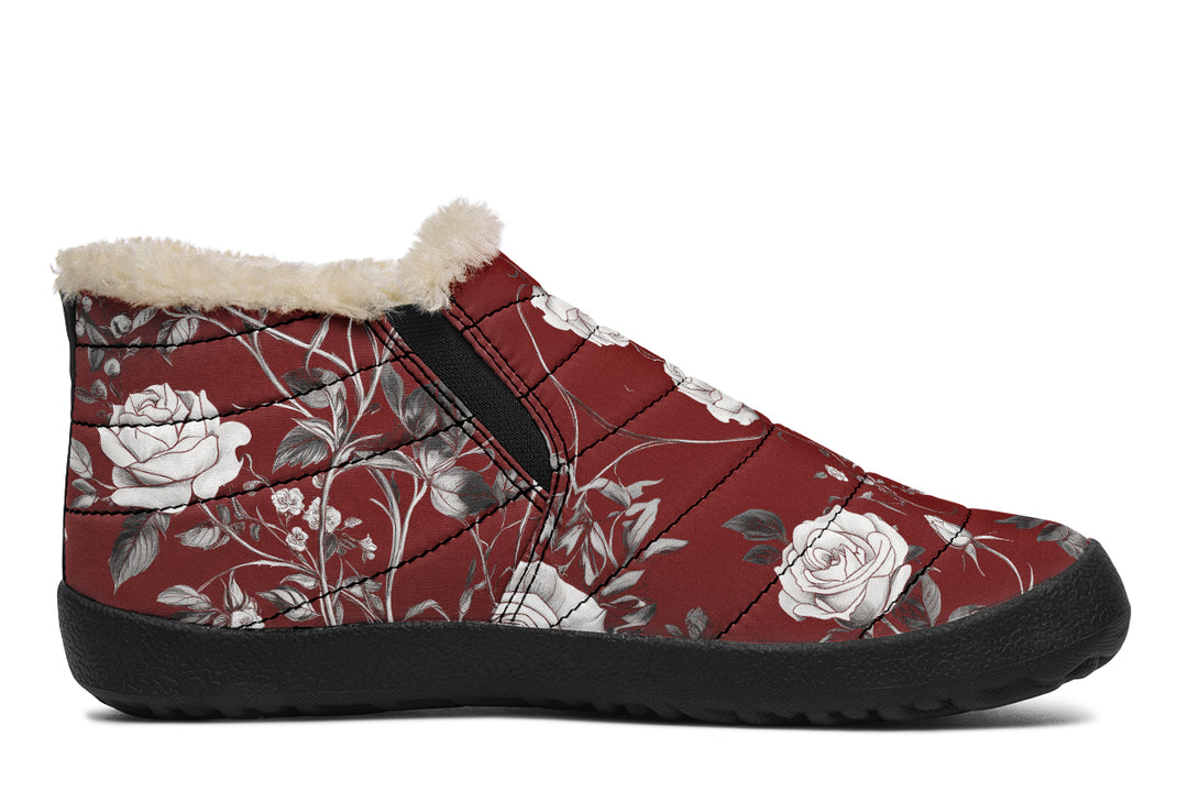 Red Rose Romance Winter Sneakers - Warm & Easy Slip-On Shoes Lined with Vegan Wool with Anti-Slip Soles