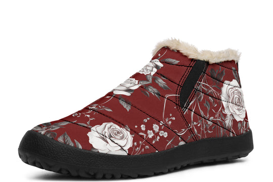 Red Rose Romance Winter Sneakers - Warm & Easy Slip-On Shoes Lined with Vegan Wool with Anti-Slip Soles