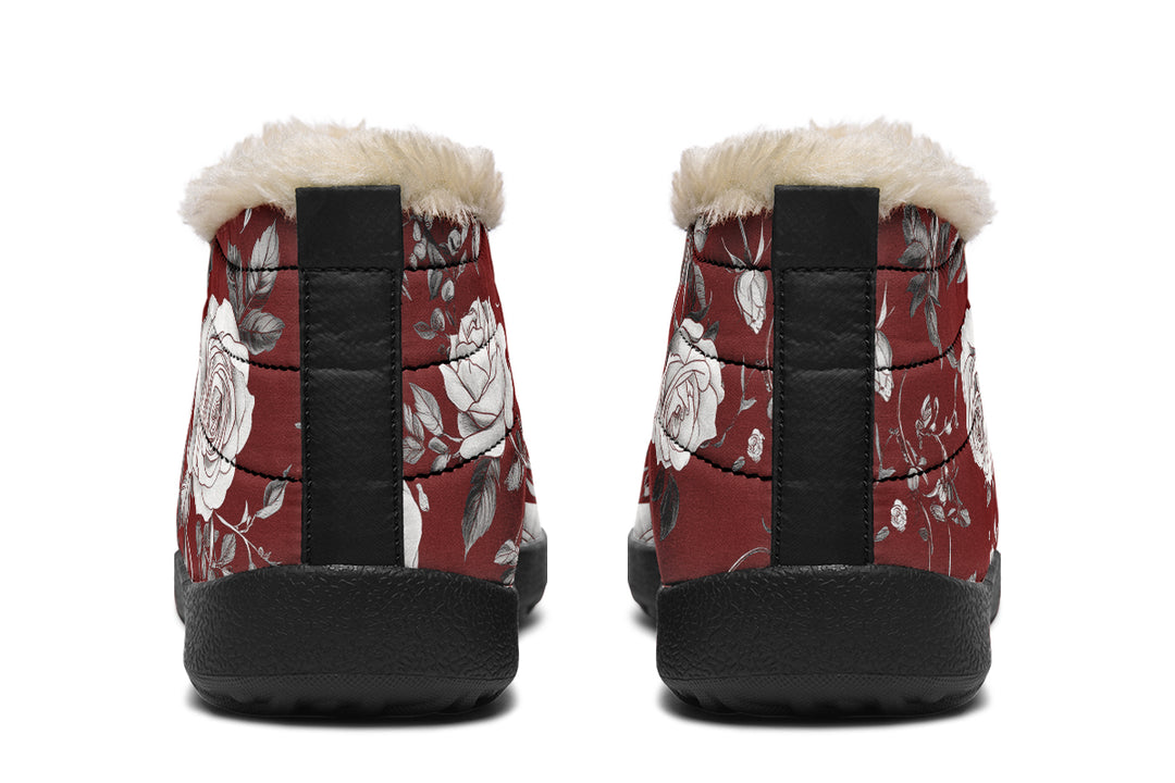 Red Rose Romance Winter Sneakers - Warm & Easy Slip-On Shoes Lined with Vegan Wool with Anti-Slip Soles