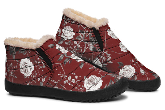 Red Rose Romance Winter Sneakers - Warm & Easy Slip-On Shoes Lined with Vegan Wool with Anti-Slip Soles