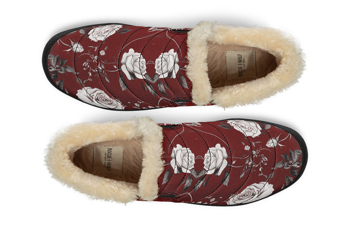 Red Rose Romance Winter Sneakers - Warm & Easy Slip-On Shoes Lined with Vegan Wool with Anti-Slip Soles