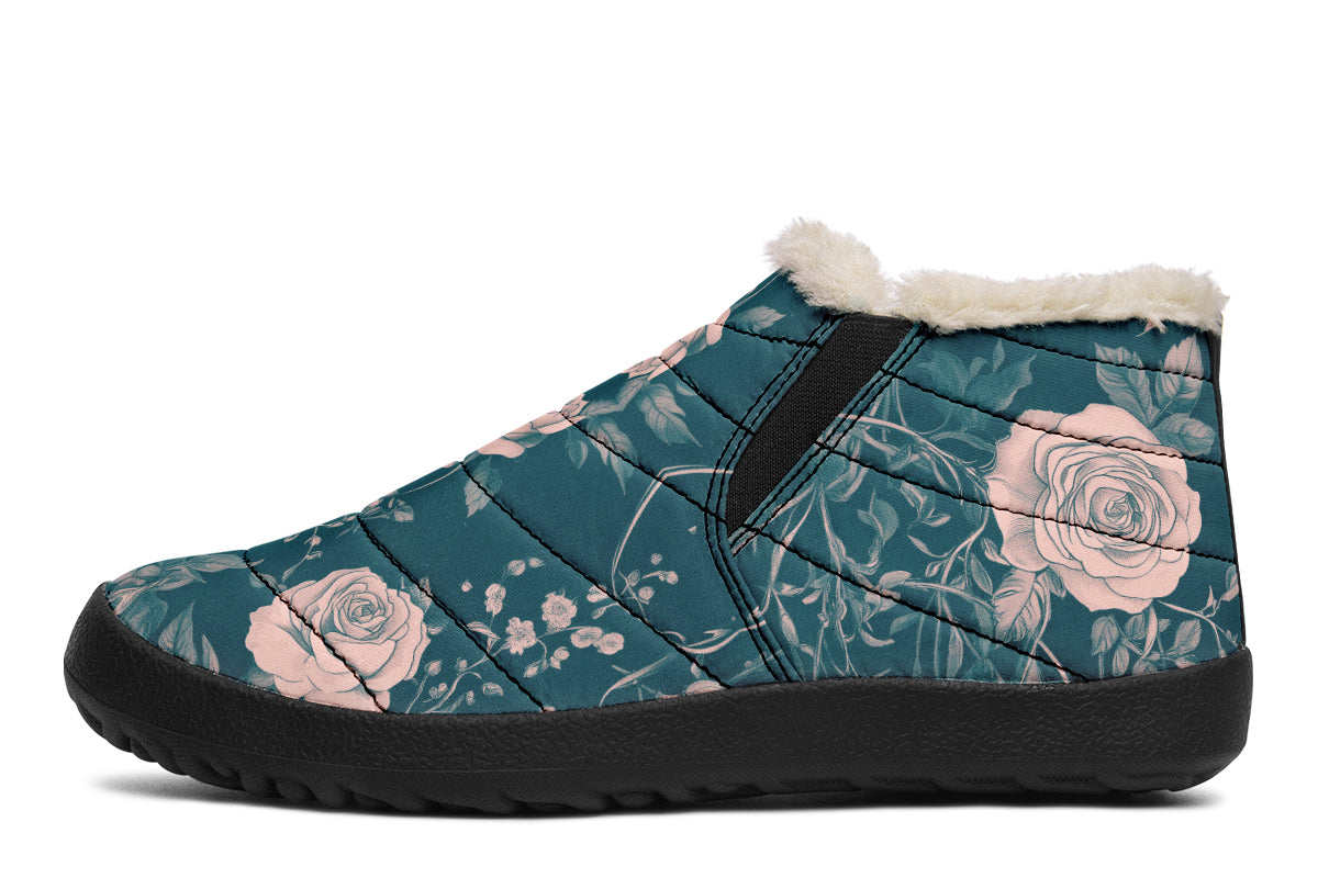 Teal Rose Romance Winter Sneakers Warm & Easy SlipOn Shoes Lined wi