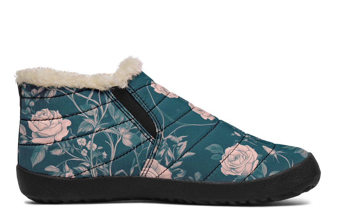 Teal Rose Romance Winter Sneakers - Warm & Easy Slip-On Shoes Lined with Vegan Wool with Anti-Slip Soles