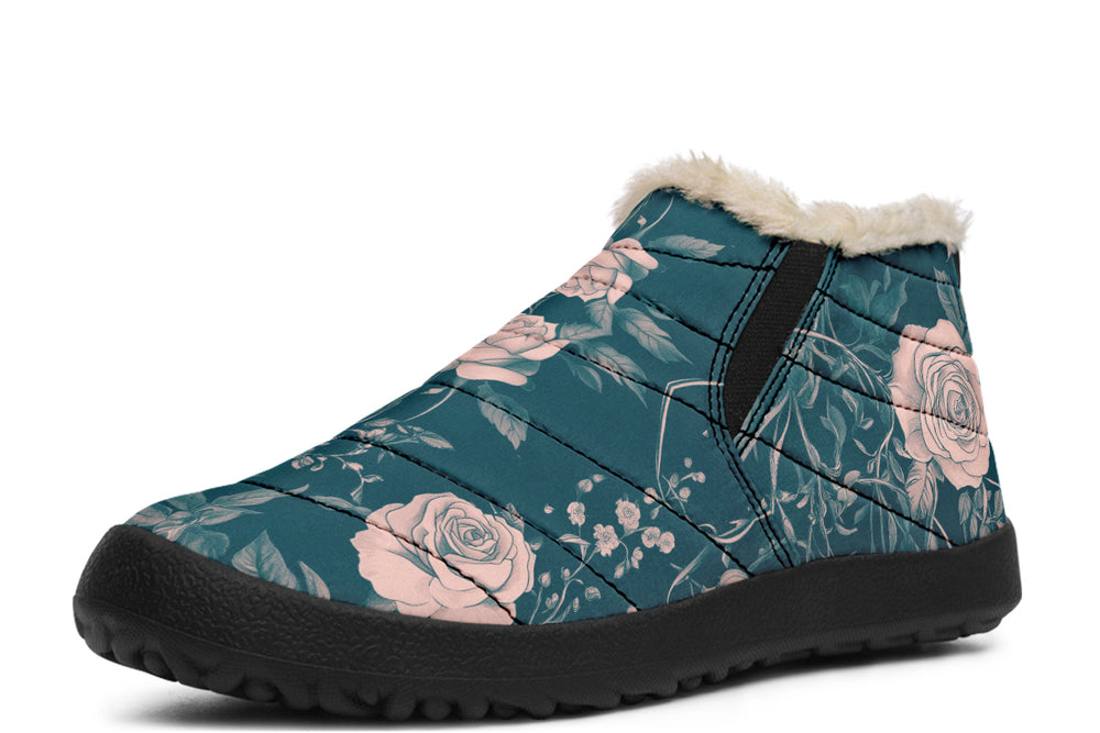 Teal Rose Romance Winter Sneakers - Warm & Easy Slip-On Shoes Lined with Vegan Wool with Anti-Slip Soles