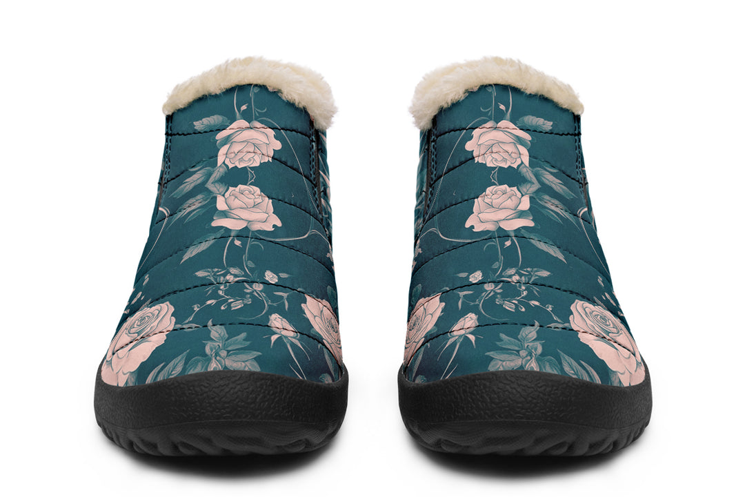 Teal Rose Romance Winter Sneakers - Warm & Easy Slip-On Shoes Lined with Vegan Wool with Anti-Slip Soles