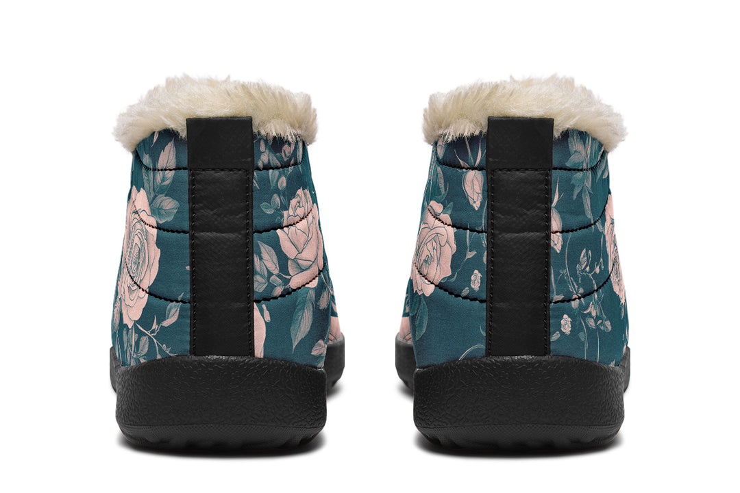 Teal Rose Romance Winter Sneakers - Warm & Easy Slip-On Shoes Lined with Vegan Wool with Anti-Slip Soles