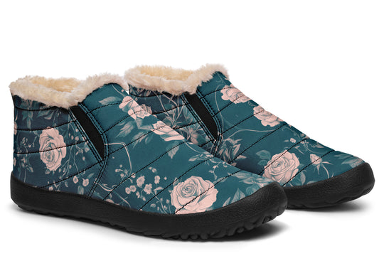 Teal Rose Romance Winter Sneakers - Warm & Easy Slip-On Shoes Lined with Vegan Wool with Anti-Slip Soles