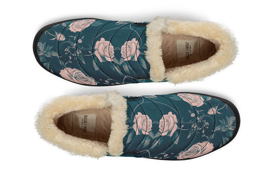 Teal Rose Romance Winter Sneakers - Warm & Easy Slip-On Shoes Lined with Vegan Wool with Anti-Slip Soles