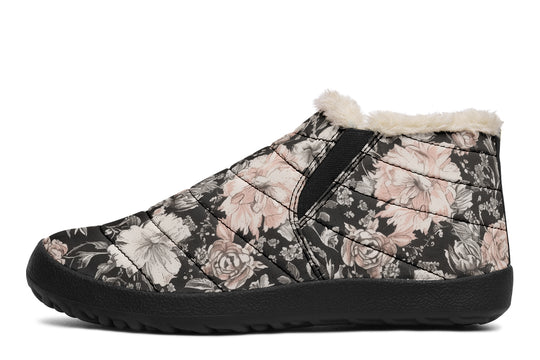 Vintage Peonies Winter Sneakers - Warm & Easy Slip-On Shoes Lined with Vegan Wool with Anti-Slip Soles