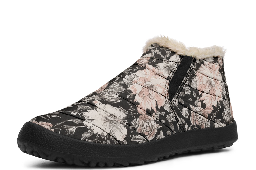 Vintage Peonies Winter Sneakers - Warm & Easy Slip-On Shoes Lined with Vegan Wool with Anti-Slip Soles