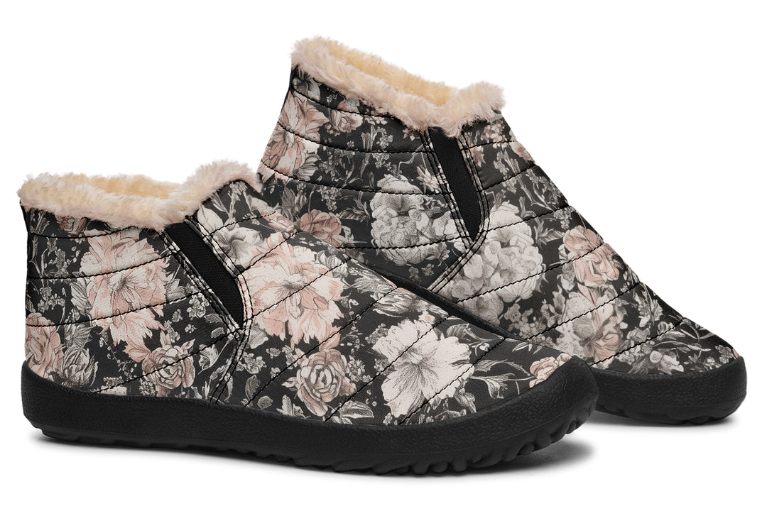 Vintage Peonies Winter Sneakers - Warm & Easy Slip-On Shoes Lined with Vegan Wool with Anti-Slip Soles