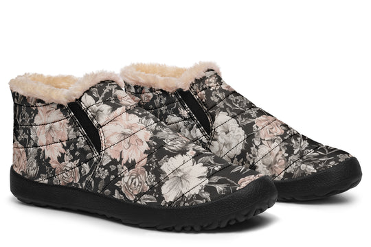 Vintage Peonies Winter Sneakers - Warm & Easy Slip-On Shoes Lined with Vegan Wool with Anti-Slip Soles