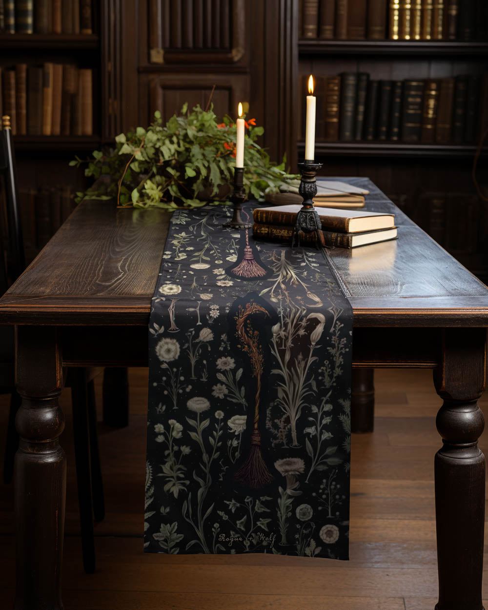 Witches' Broomsticks Table Runner - Botanical Witchy Home Decor - Goth Dinner Table Setup - Gothic Kitchen Room Decor