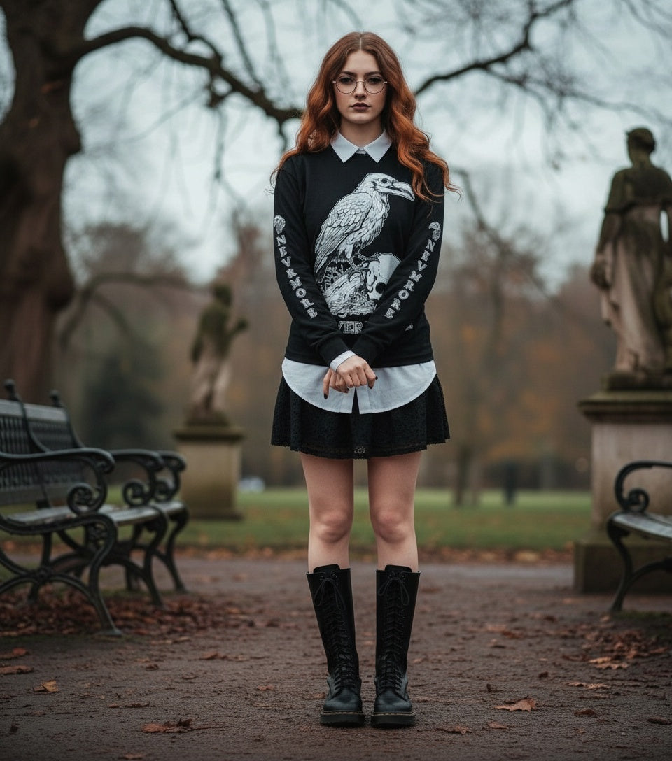 Woman wearing a black sweater with a bird design, white shirt, and black skirt in an outdoor setting.