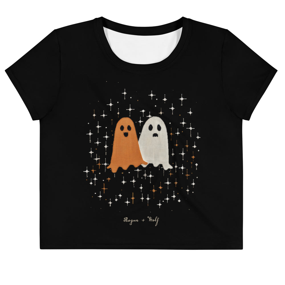Ghost Besties Short Sleeve Crop Top - Dark Academia Spooky Ghosts Tee, Witchy Gothic Occult Fashion, Xmas Goth Gifts
