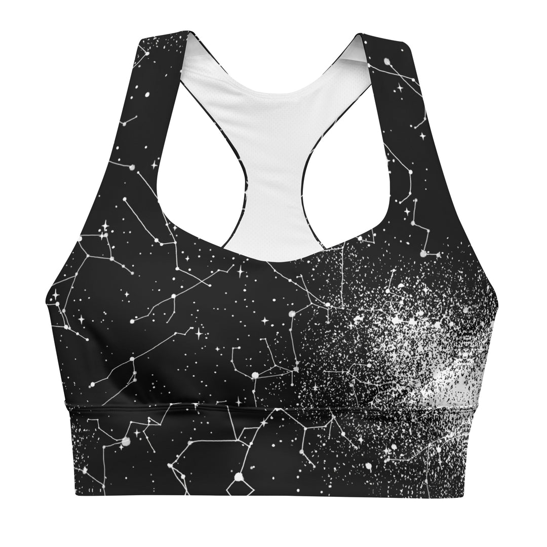 All Over Print Compression Sports Bra Moon and Star Gold on Black