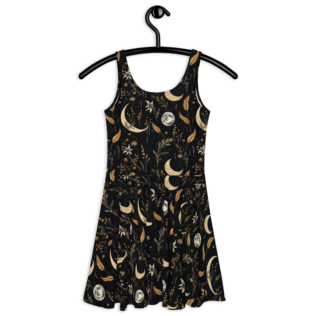 Moonlit Botanica Skater Dress - Dark Academia Cute Black Vegan Dress, Witchy Pagan Occult Fashion, Christmas Goth Gifts