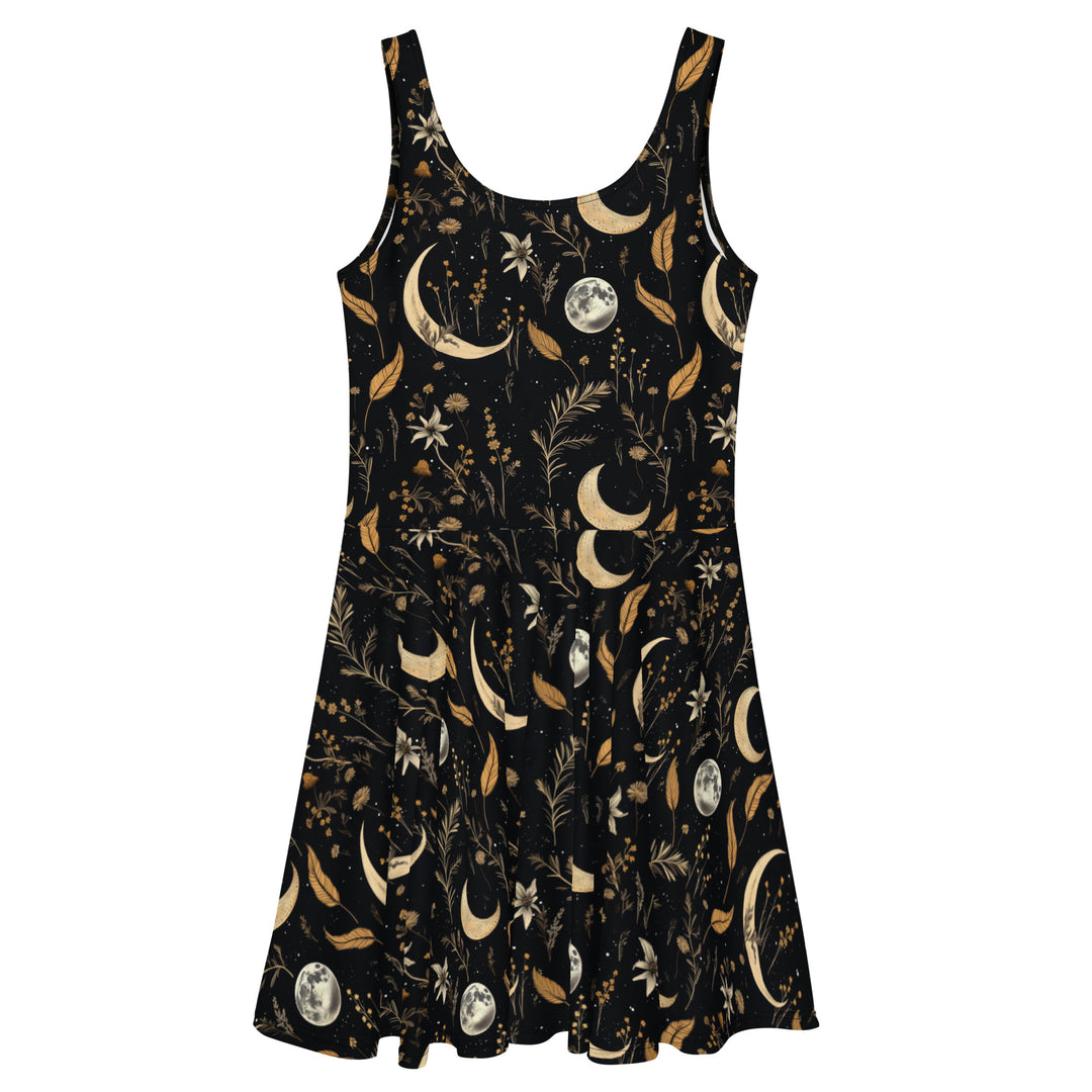 Moonlit Botanica Skater Dress - Dark Academia Cute Black Vegan Dress, Witchy Pagan Occult Fashion, Christmas Goth Gifts