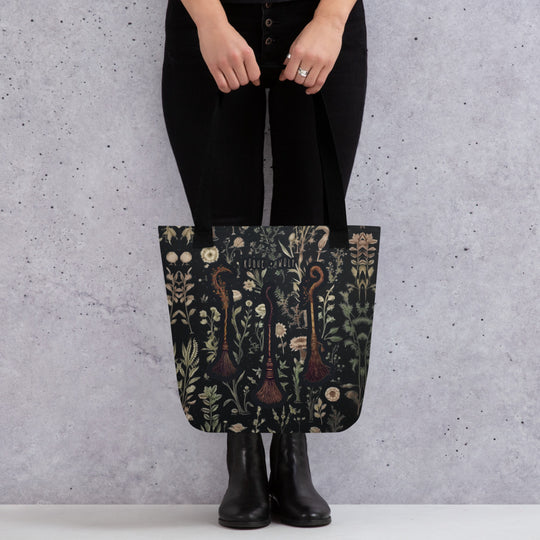 Witches' Broomsticks Vegan Tote Bag for Women - Dark Academia Witchy Botanical Large Foldable Bag for Travel Work Gym Goth Gifts