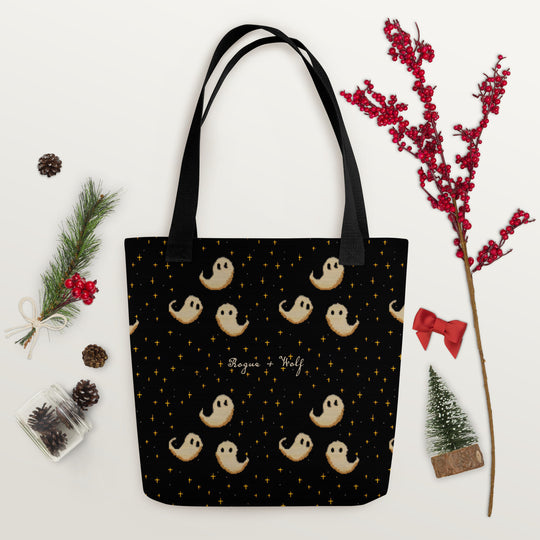 Spooky Soirée Cotton Vegan Tote for Women - Dark Academia Witchy Large Foldable Bag with cute Ghosts for Uni, Work, Shopping, Goth Gifts