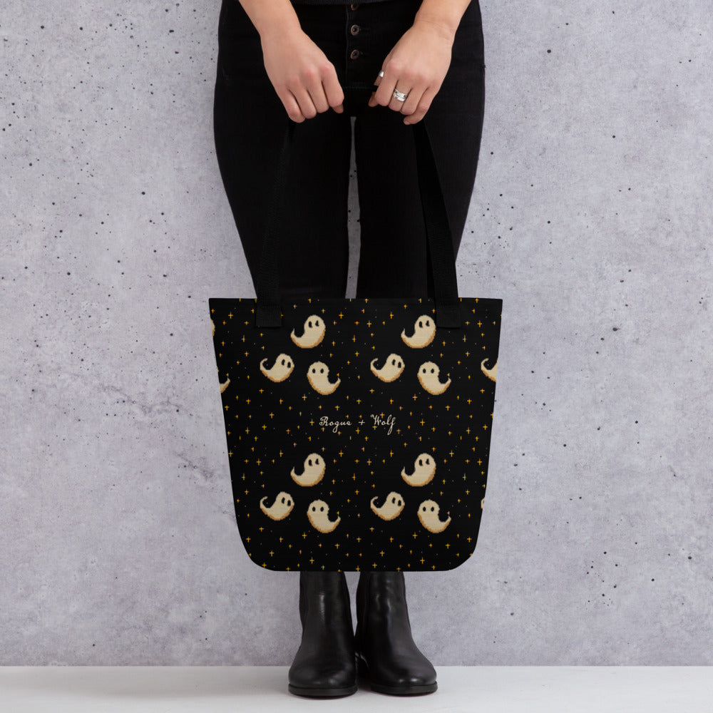 Spooky Soirée Vegan Tote for Women - Dark Academia Witchy Large Foldable Bag with cute Ghosts for Uni Work Shopping Goth Gifts