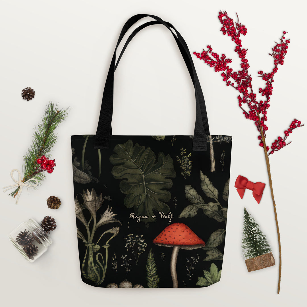 Foraging Cotton Vegan Tote Bag - Dark Academia Witchy Botanical Large Foldable Bag for Uni, Work, Shopping, School & Travel