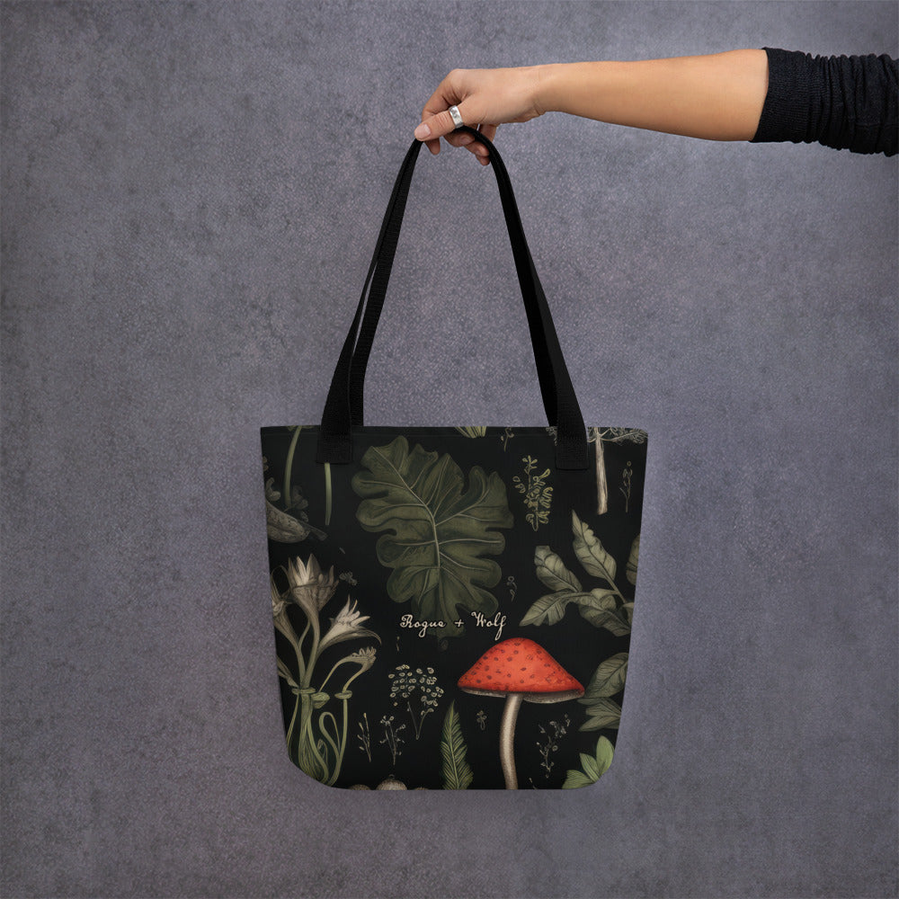 Foraging Vegan Tote Bag - Dark Academia Witchy Botanical Large Foldable Bag for Uni Work Shopping School & Travel