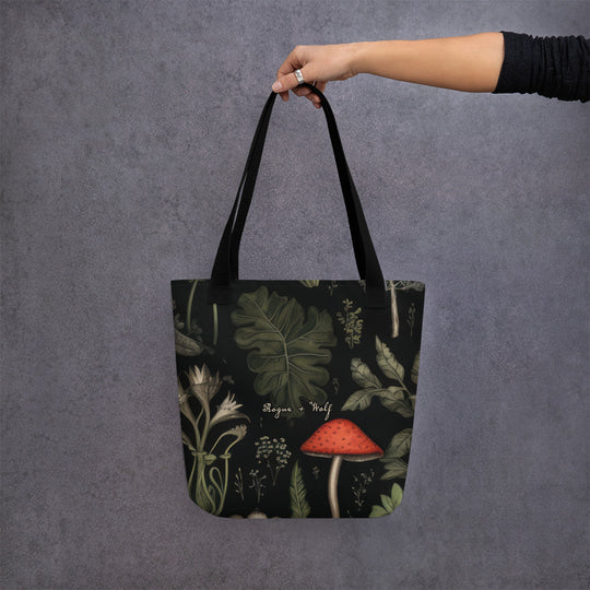 Foraging Cotton Vegan Tote Bag - Dark Academia Witchy Botanical Large Foldable Bag for Uni, Work, Shopping, School & Travel
