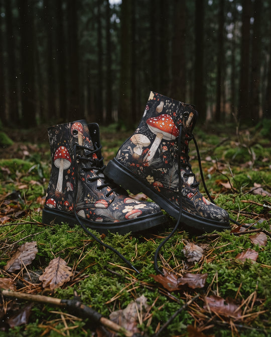 Amanita Boots standing on a mossy forest floor among fallen leaves