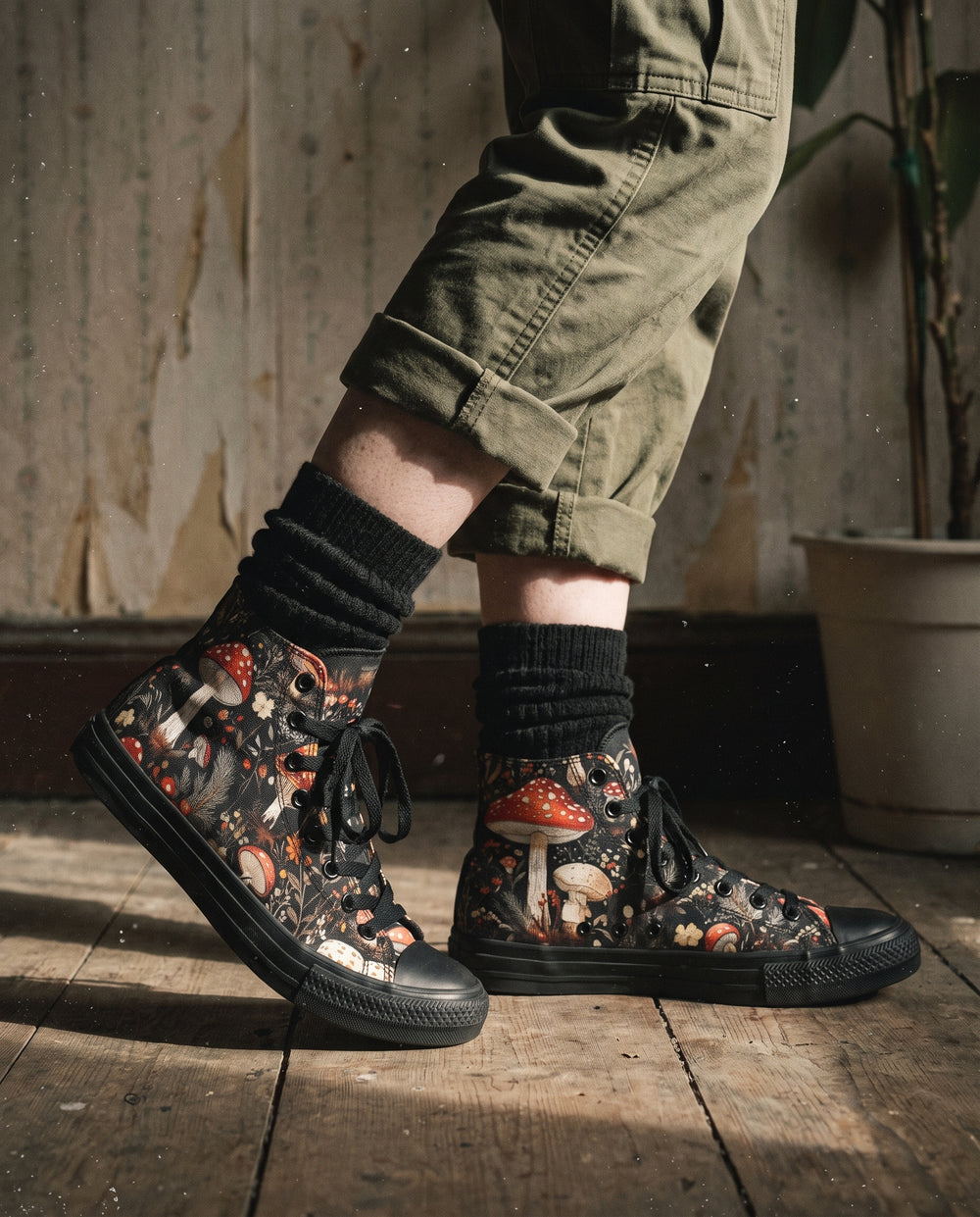 Person in rolled khaki trousers and black socks wearing Amanita High Tops on a wooden floor