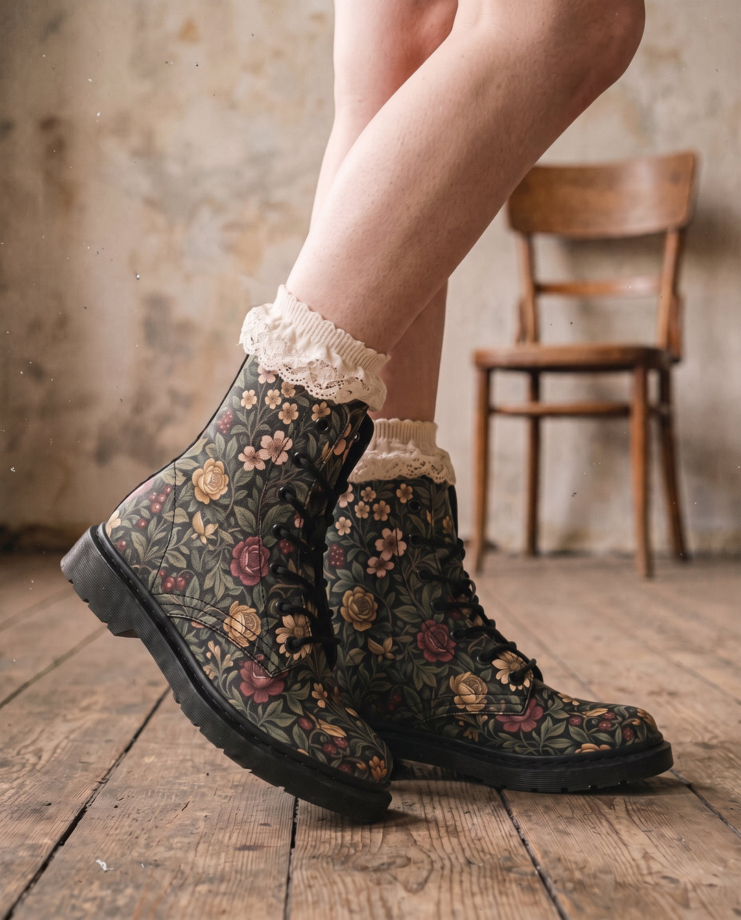 Ancient Orchard Boots worn with lace-trimmed socks in a plaster-walled studio