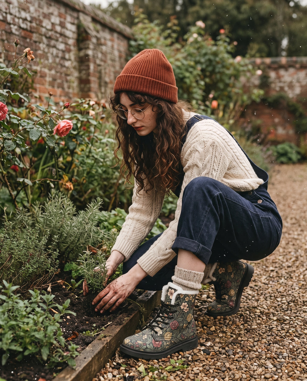 Ancient Orchard Winter Boots worn in a cottage garden