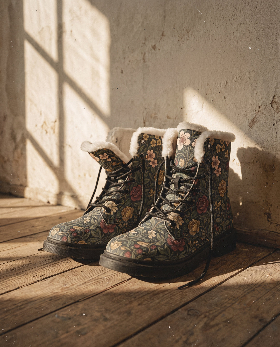 Ancient Orchard Winter Boots with laces undone on sunlit floorboards