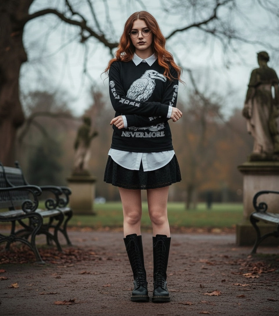 Woman wearing a black sweater with a raven design and skirt in an outdoor setting