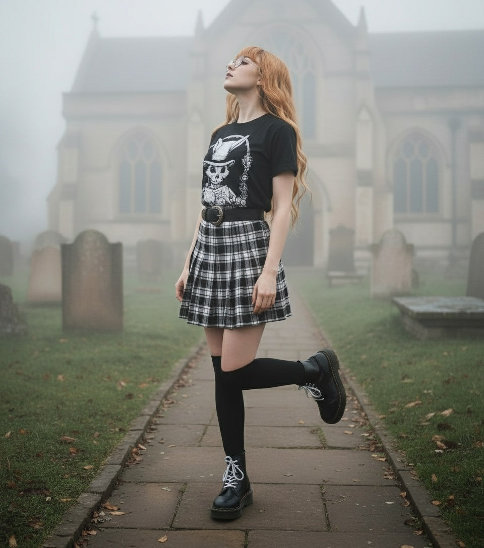 Woman in a black t-shirt with a graphic design and plaid skirt standing on a foggy path near a church.