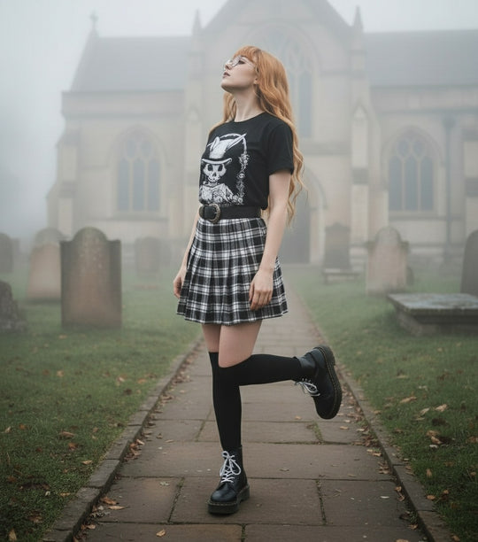 Woman in a black t-shirt with a graphic design and plaid skirt standing on a foggy path near a church.