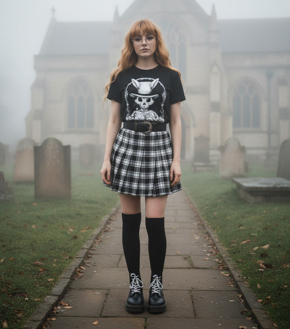 Woman in a plaid skirt and black t-shirt with a skull design standing in a foggy cemetery.