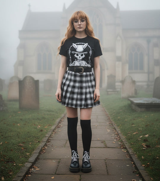 Woman in a plaid skirt and black t-shirt with a skull design standing in a foggy cemetery.