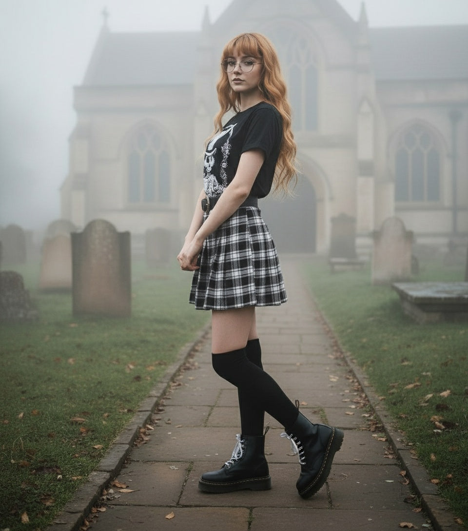 Person in a plaid skirt and black shoes standing on a foggy path with a building in the background