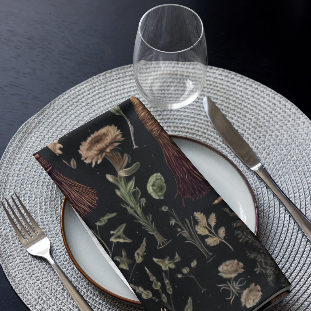 Witches' Broomsticks Cloth Napkins Set of 4 - Botanical Dark Academia Home Decor - Pagan Witchy Gothic Kitchen Table Setup - Goth Gifts