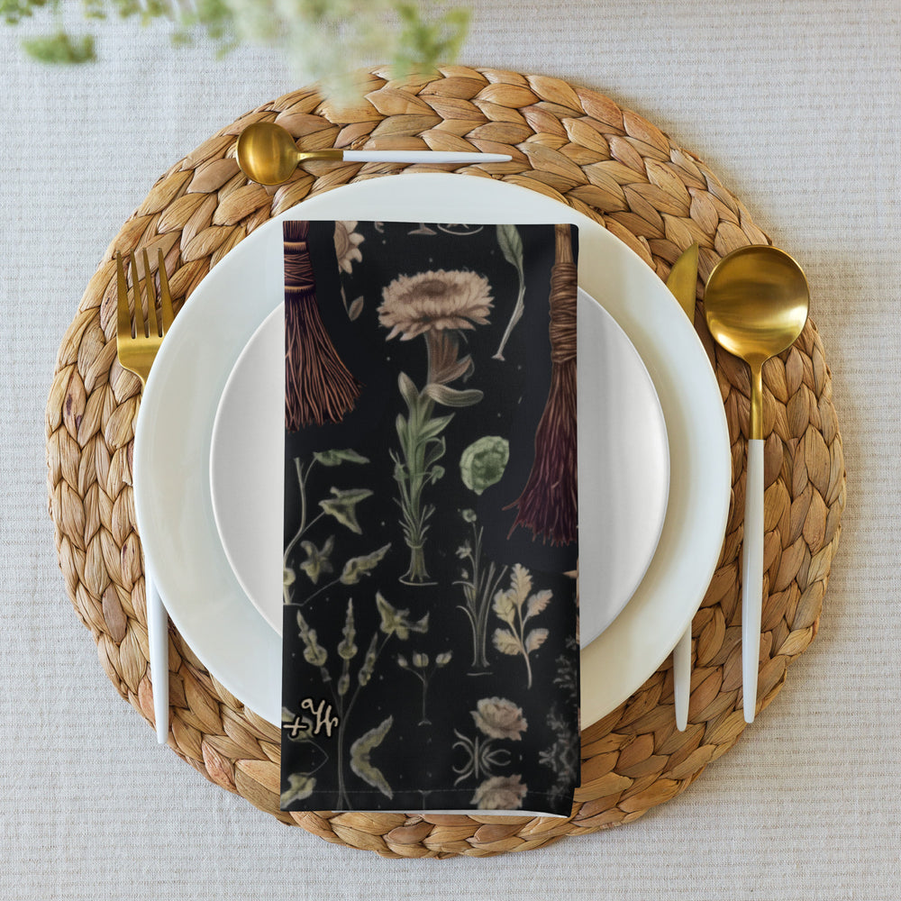 Witches' Broomsticks Cloth Napkins Set of 4 - Botanical Dark Academia Home Decor - Pagan Witchy Gothic Kitchen Table Setup - Goth Gifts