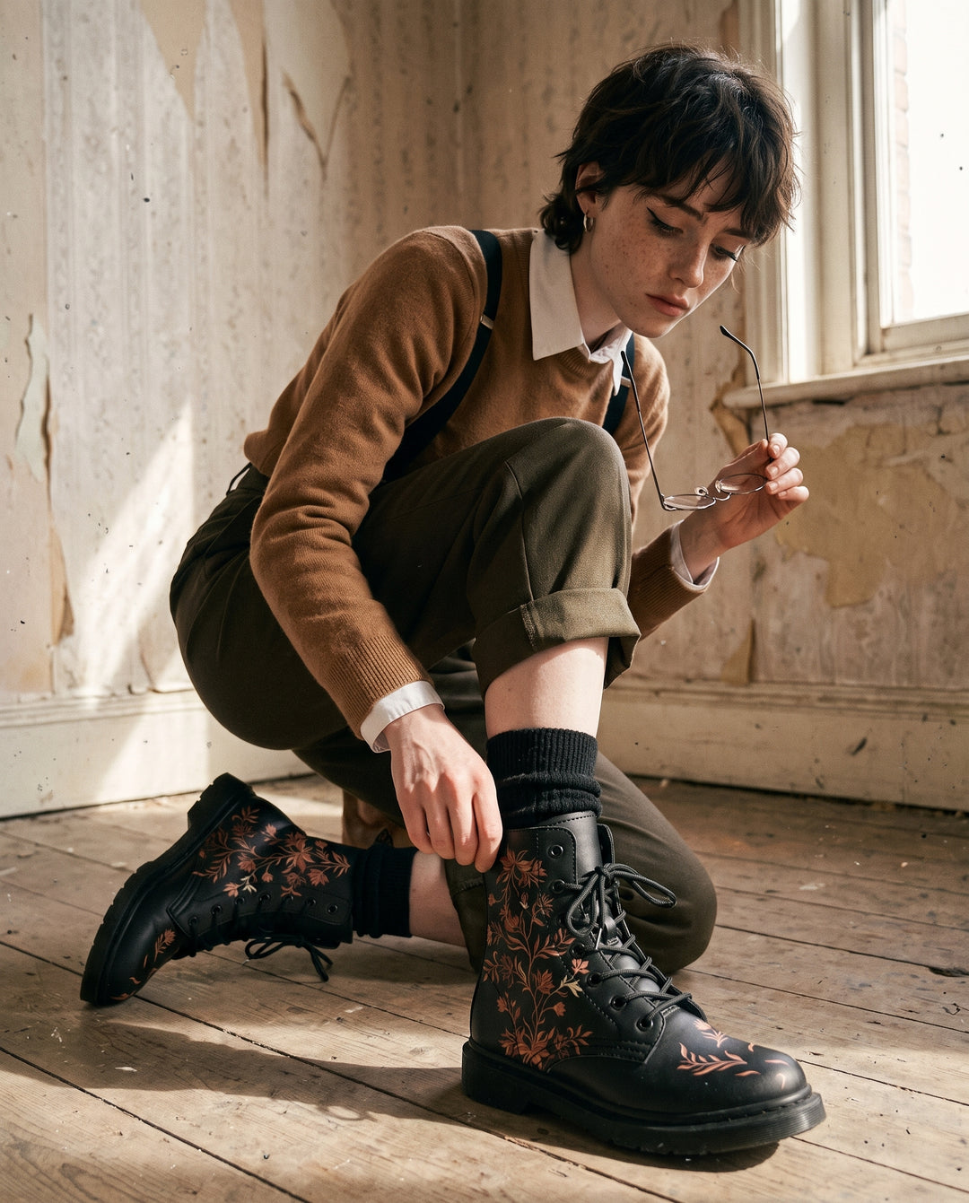 Copper Briar Boots worn with cuffed trousers in a sunlit room