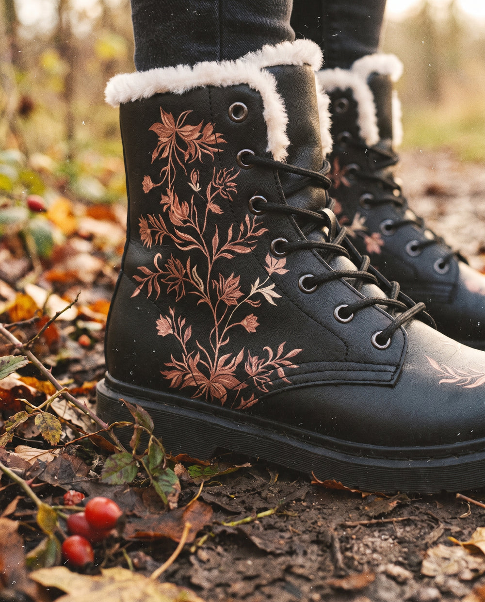 Close-up of Copper Briar Winter Boots worn on a woodland path