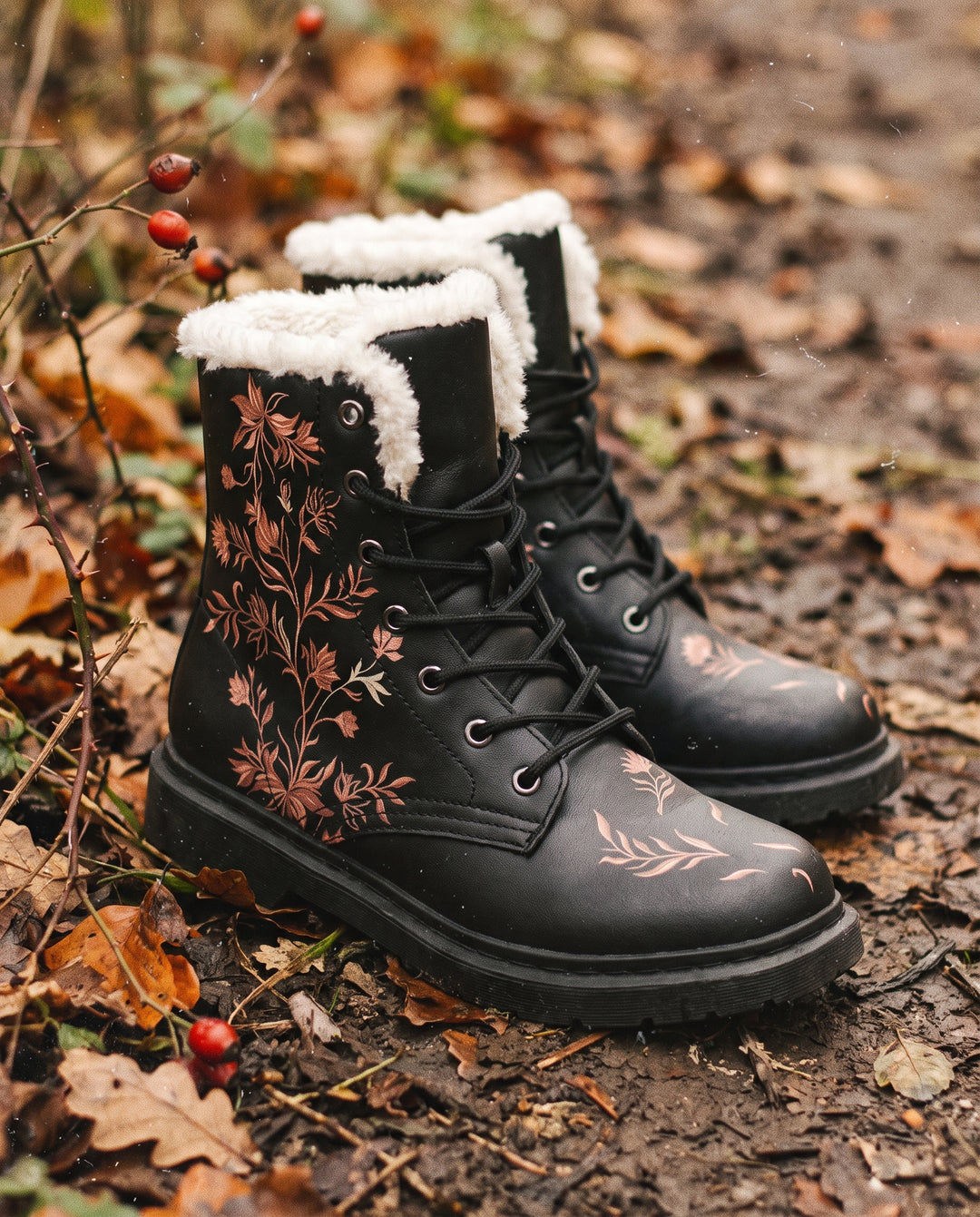 Copper Briar Winter Boots on an autumn woodland path