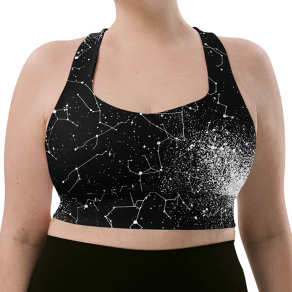 Constellation Longline Sports Bra - High Support Non-see-through Vegan Bra with Removable Padding, Goth Activewear for Gym & Yoga with UPF 50+
